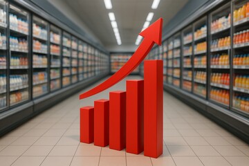Red bar chart with upward arrow showing sales growth in supermarket aisle with beverage products on shelves in realistic style. Ai generative