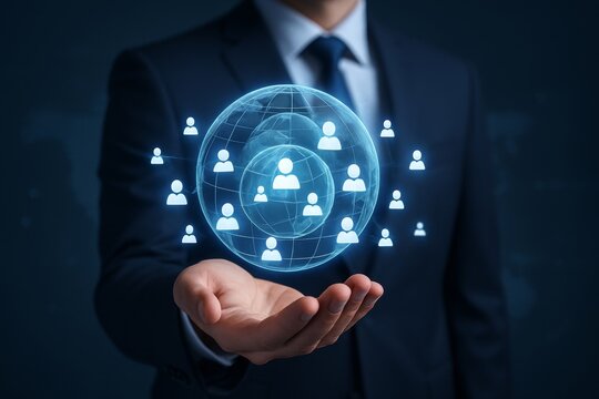 Businessman holding holographic globe with connected people icons symbolizing global network, communication and digital human resources concept. Ai generative - Powered by Adobe