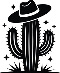 Western Cactus with Cowboy Hat Vector Illustration.
