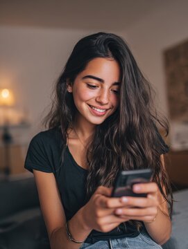 happy hispanic teen girl holding cell phone using smartphone device at home smiling young latin woman blogger subscribing new social media buying in internet ordering products online in apps no logos