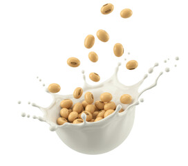 soybeans splashing in milk, isolated on white background.