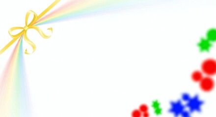 Abstract graphic art featuring a radiant golden bow, rainbow spectrum, and dynamic colorful shapes for celebratory themes