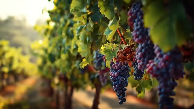 Close-up of ripe purple grapes with vibrant green leaves in a vineyard, sunlight filters through