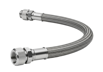 photorealistic macro shot of a high-performance hydraulic brake hose, polished stainless steel braiding and precision metal fittings, isolated on a pristine infinity white background. concept of