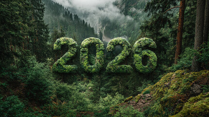 2026 year number made of green plants and moss in misty forest for environmental sustainability and New Year concept

