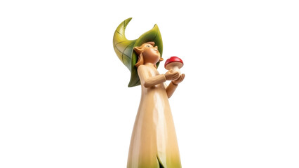 Isolated decorative figurine of elf girl looking at mushroom, in fairy tale style