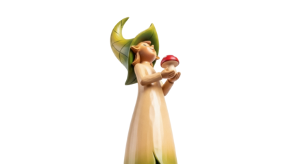 Isolated decorative figurine of elf girl looking at mushroom, in fairy tale style