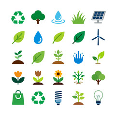 Set of eco and sustainability icons including recycle symbol, leaves, water drop, renewable energy, plants, and environmental elements.Flat modern design suitable for green energy, ecology, environmen