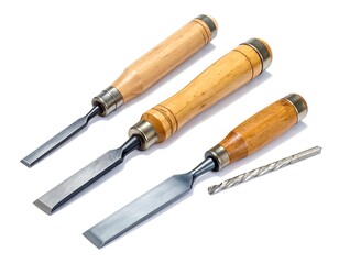 Fototapeta premium Three chisels and a drill bit, isolated on a white backdrop