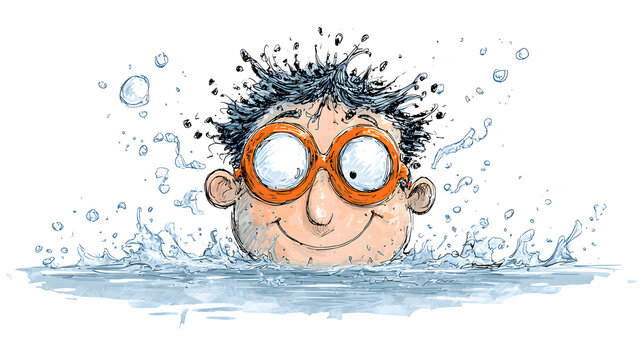 A doodle swimmer with a goofy grin and a few splashes of water, isolated on a Transparent background