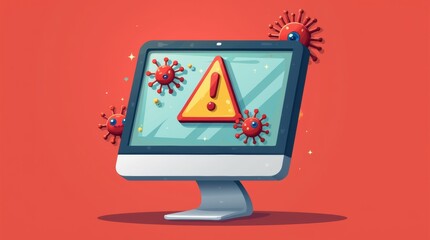 Computer Monitor with Virus Alert and Microbes on Red Background.