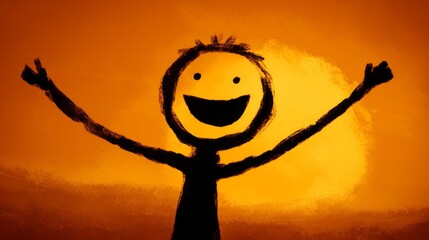 Joyful stick figure silhouette with a wide smile, arms outstretched against a vibrant orange sunset glow, embodying pure happiness and freedom