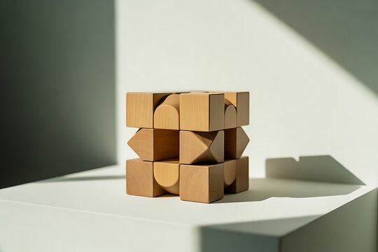 Wooden geometric puzzle block construction with strong shadow