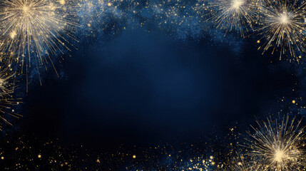 Dark navy blue background with golden fireworks sparkling in corners, empty center space for text, festive celebration frame, new year holiday concept