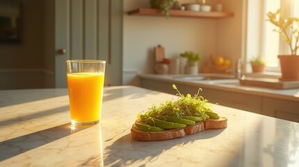 Healthy breakfast with avocado toast and orange juice in morning sunlight.