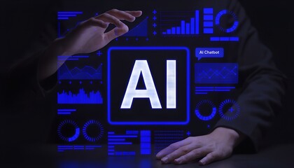 Human hands interacting with a holographic AI display, showcasing artificial intelligence technology and data analytics.