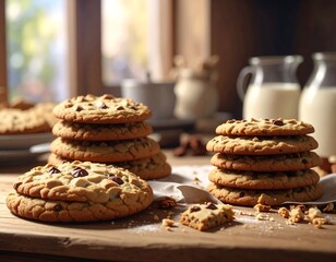 Close-up of stacks of freshly baked cookies and milk jars