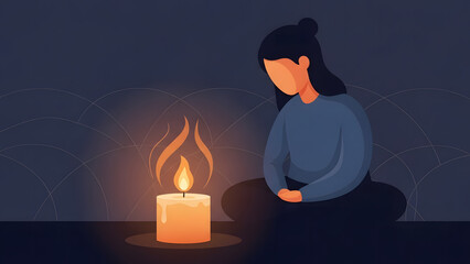 A person meditates peacefully in front of a flickering candle, evoking a sense of tranquility and introspection