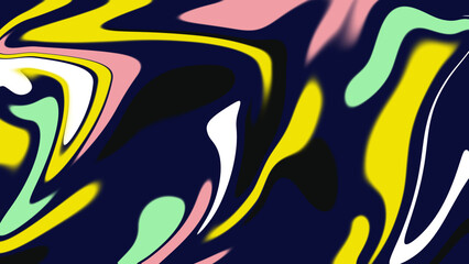 Abstract swirling liquid marble pattern background in dark blue with yellow, pink, mint green, and white shapes