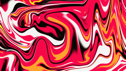 Vibrant abstract liquid marble swirl background in hot pink, orange, white, and black colors