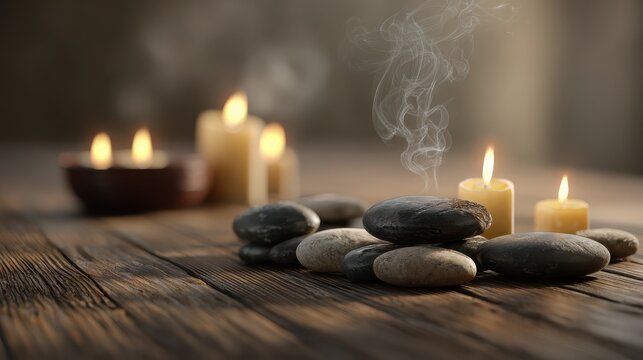 serene spa scene with smooth stones burning incense and flickering candles creating a tranquil atmosphere for relaxation and wellness