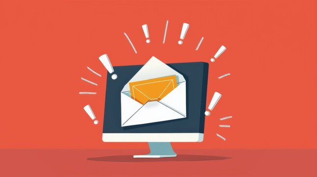 Email notification on computer screen with exclamation marks.