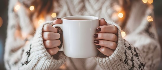 closeup a woman's hands in a white knitted sweater holding a cup of coffee