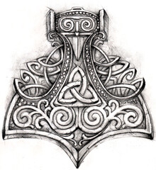 Hand-drawn pencil sketch of Mjolnir with Celtic knots. High-quality graphic scan, Mjolnir tattoo design, and Nordic print. Manual artwork, Viking style graphics.