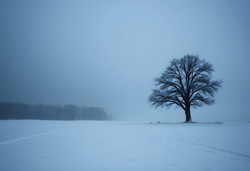 Minimalist winter landscape with solitary tree and tracks in snow fog
