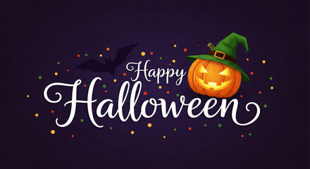 Happy Halloween text with spooky pumpkin, witch hat, and bat on dark background with confetti