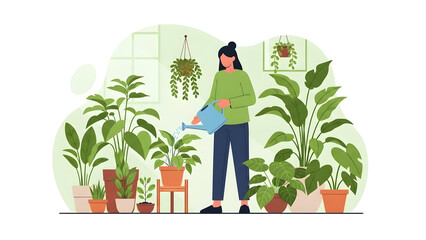 A woman watering plants in a cozy home garden setting. Surrounded by lush greenery, tending to her plants