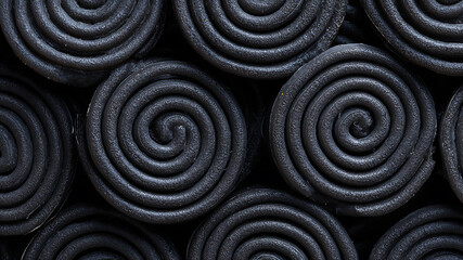 Black licorice wheels stacked in a seamless layout, round coiled candy design