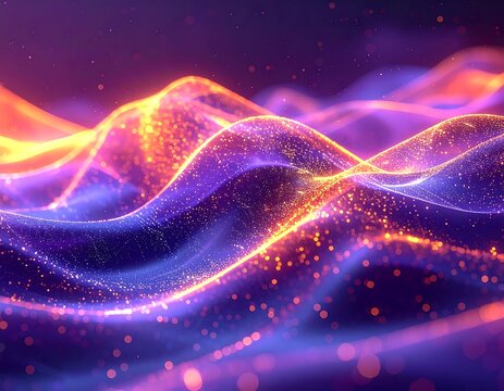 Glowing digital waves flow across a dark purple, dotted background - Powered by Adobe