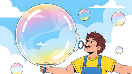 A cheerful young child blowing a vibrant bubble on a sunny day. The child has a bright smile and is fully engaged in the fun activity