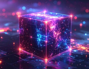 Glowing digital cube with data flow & bokeh lights