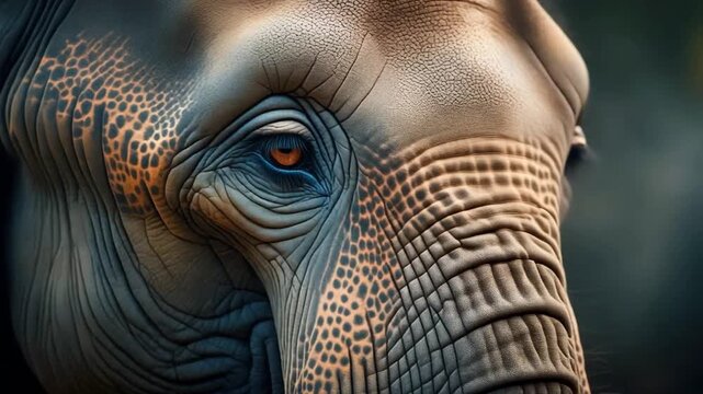 Realistic video portrait of a wild elephant, highlighting intricate wrinkle patterns and an emotional, deep gaze in natural lighting.