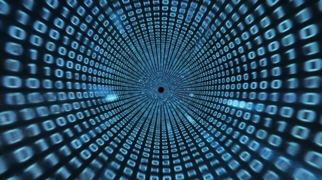 Digital visualization of binary code forming a swirling pattern that draws into a central point