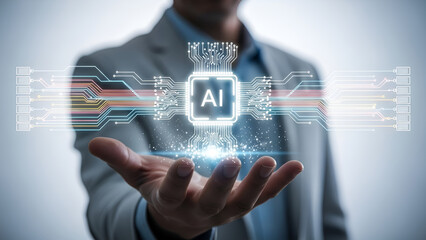Businessman's hand presenting a glowing circuit board with an 'AI' chip at its center, symbolizing artificial intelligence integration.