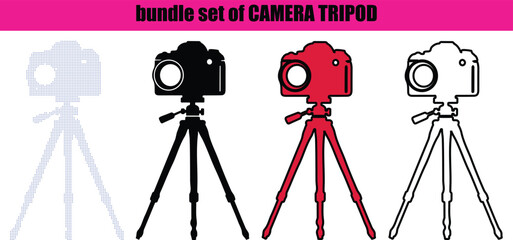 Photography Tripod Line Art Illustration with Elegant Dotted Shading and Solid Silhouette Shapes; Contemporary Outline Drawing and Dot Art for Studio Decor.