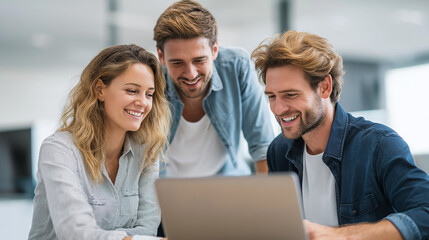 teamwork collaboration in modern office, young professionals working together, business team meeting with laptop
