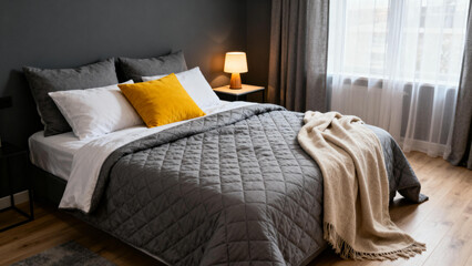 Modern bedroom with gray quilted bedding, yellow accent pillow, and natural light from a window