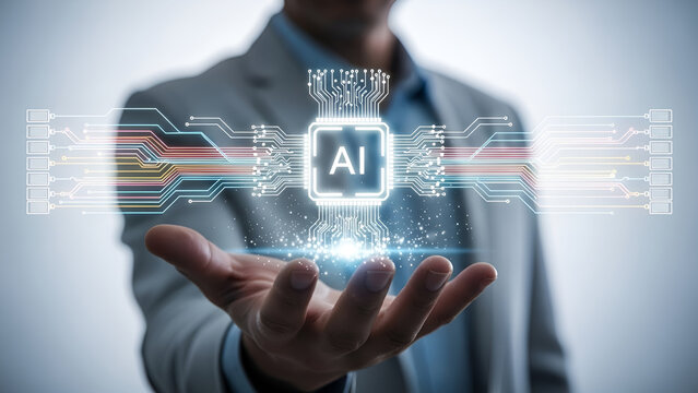 Businessman's hand presenting a glowing circuit board with an 'AI' chip at its center, symbolizing artificial intelligence integration. - Powered by Adobe