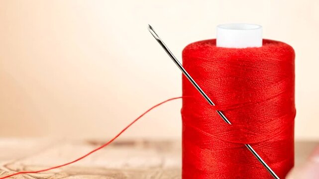 A close-up shot of a red thread spool with a needle threaded through, set against a light background