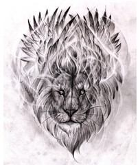 Hand-drawn pencil sketch of a majestic lion with wings. High-quality graphic scan, artistic tattoo design, and powerful animal print. Manual creative artwork.