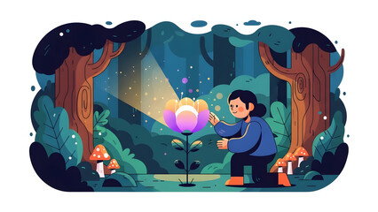 A person interacting with a magical glowing flower in a whimsical forest scene. The person touches the flower, as if interacting with magic