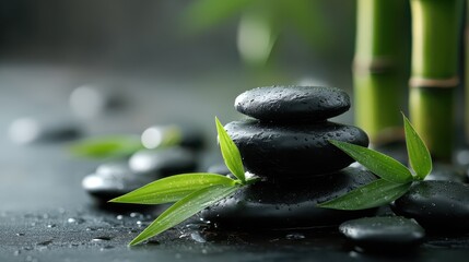 a serene spa still life features balanced black zen stones and green bamboo stalks with a fresh leaf to promote wellness relaxation and natureinspired therapy for beauty and health
