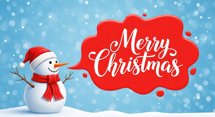 Cute snowman in Santa hat and scarf in a snowy winter scene, with a red speech bubble saying 'Merry Christmas'. Ideal for festive holiday greetings.