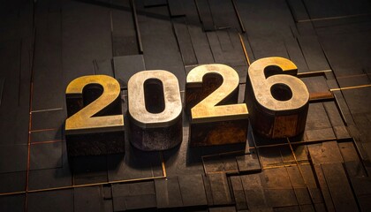 Metallic &ldquo;2026&rdquo; Text on Dark Geometric Background