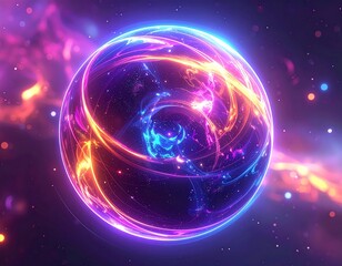 Illuminated sphere with nebula background, vibrant colors, and swirling energy