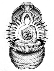 연꽃 위 부처와 나가 뱀 수채화 연필 스케치. 고품질 그래픽 스캔, 예술적인 타투 디자인 및 디자인 프린트. 옴 심볼이 포함된 영적 일러스트레이션.
